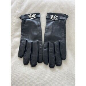 Michael KORS Womens Black Leather MK Driving Gloves Silver Hardware Medium